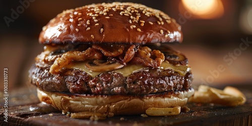 Savory hamburger topped with tasty Swiss cheese and fried mushrooms, served on a kaiser bun.