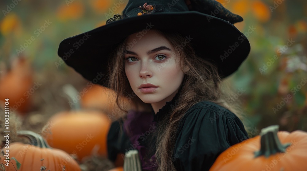 Enchanting Witch in Autumn Setting with Pumpkins and Magical Atmosphere
