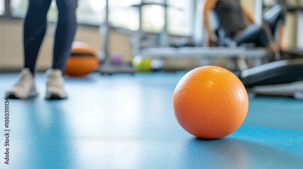 Close-up of orange exercise ball on gym floor Close-up of orange exercise ball on gym floor