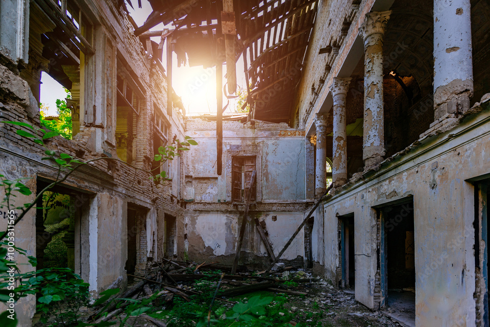 Ruined mansion hall interior overgrown by plants. Nature and abandoned architecture, green post-apocalyptic concept Ruined mansion hall interior overgrown by plants. Nature and abandoned architecture, green post-apocalyptic concept