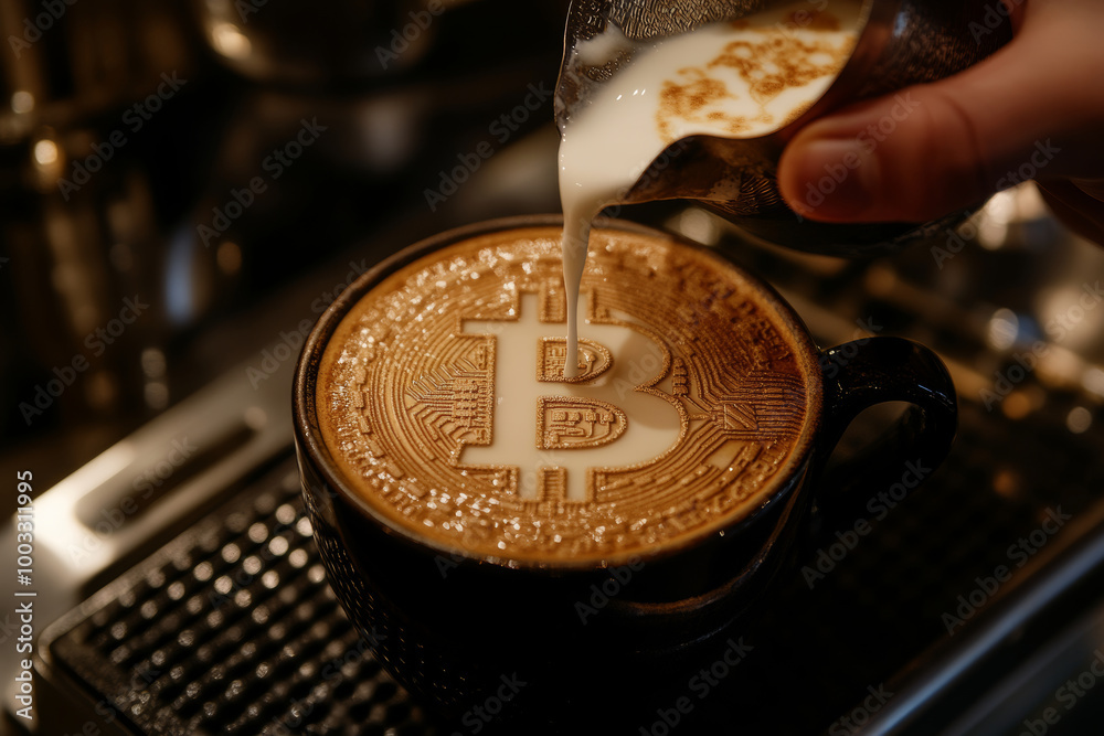 barista skillfully pours cream into coffee cup, creating stunning Bitcoin design on surface. rich colors and intricate patterns evoke sense of artistry and innovation barista skillfully pours cream into coffee cup, creating stunning Bitcoin design on surface. rich colors and intricate patterns evoke sense of artistry and innovation