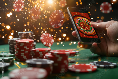 hand holding mobile phone displays online casino game, surrounded by colorful poker chips and vibrant atmosphere. excitement of gambling is palpable in this dynamic scene