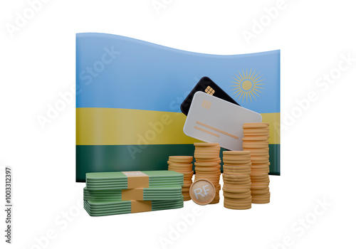 3D render illustration of Rwanda flag and currency called Franc photo