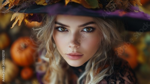 Enchanting Witch in Autumn Setting with Pumpkins and Magical Atmosphere