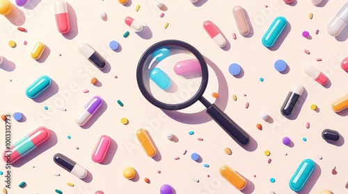 Vibrant Vector Illustration of Colorful Capsules and Pills with Magnifying Glass | Health, Medicine, Science Design in 8K UHD