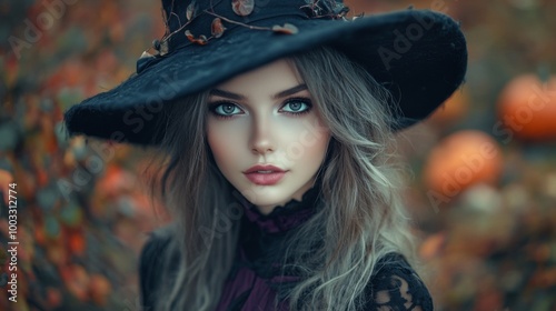 Enchanting Witch in Autumn Setting with Pumpkins and Magical Atmosphere