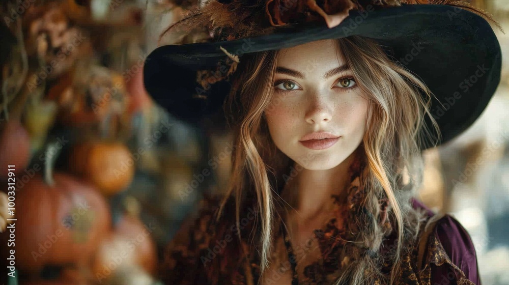 Enchanting Witch in Autumn Setting with Pumpkins and Magical Atmosphere Enchanting Witch in Autumn Setting with Pumpkins and Magical Atmosphere
