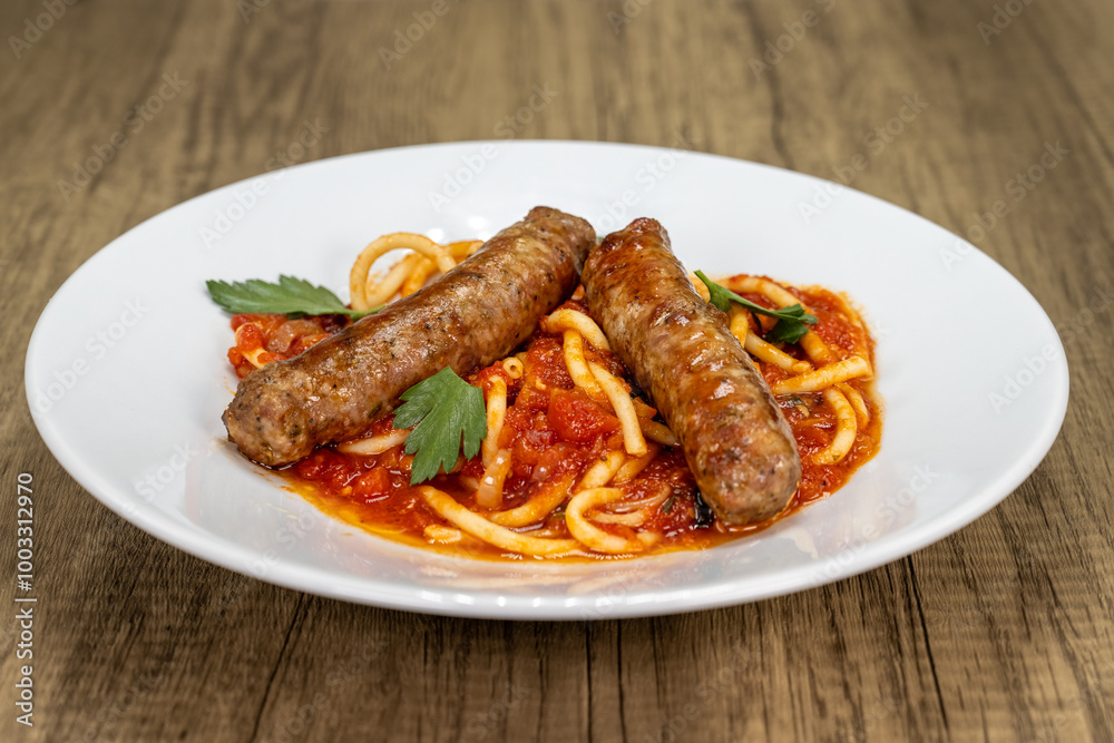 Italian sausage served with pasta over a meat sauce Italian sausage served with pasta over a meat sauce