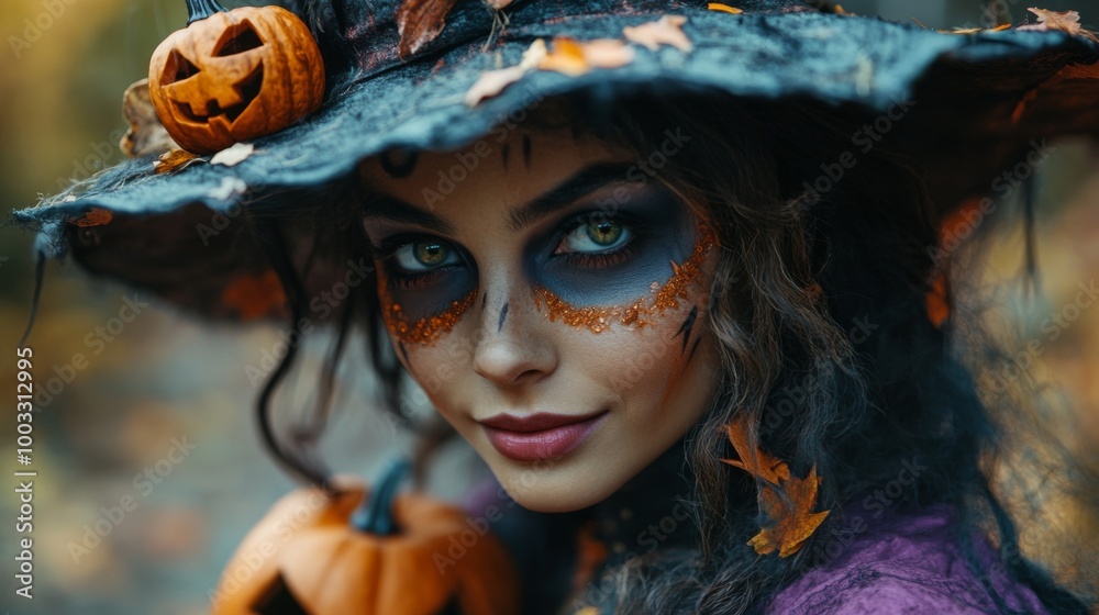 Enchanting Witch in Autumn Setting with Pumpkins and Magical Atmosphere Enchanting Witch in Autumn Setting with Pumpkins and Magical Atmosphere