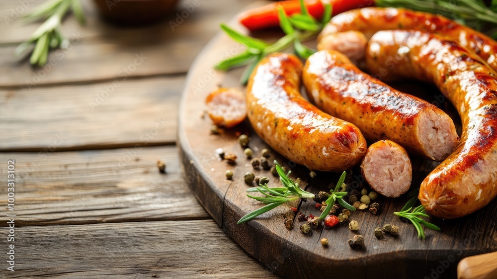 Grilled sausages with rosemary and spices on cutting board Grilled sausages with rosemary and spices on cutting board