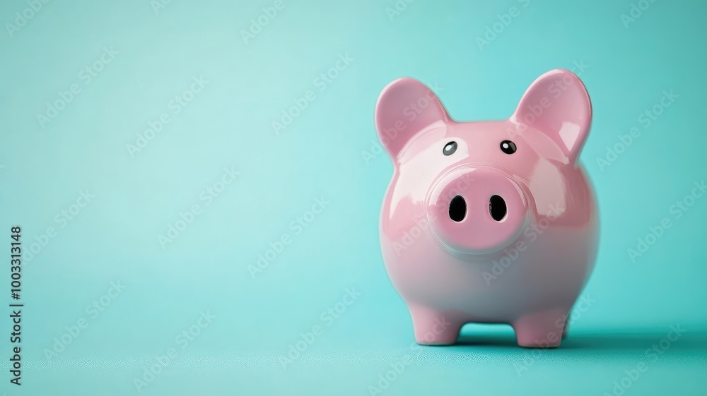 Pink piggy bank against teal background representing savings and finance Pink piggy bank against teal background representing savings and finance