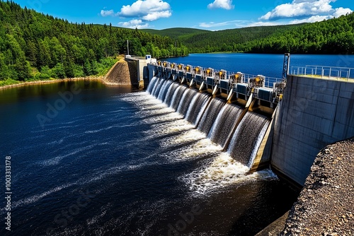 A hydroelectric dam generating clean energy, with water cascading through turbines, illustrating sustainable energy solutions for climate change mitigation photo