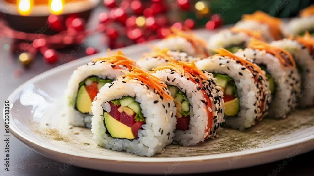Festive plate of uramaki sushi rolls displayed elegantly on a table with candles and red ornaments for a christmas celebration, featuring rice, salmon, avocado, sesame, and seaweed Festive plate of uramaki sushi rolls displayed elegantly on a table with candles and red ornaments for a christmas celebration, featuring rice, salmon, avocado, sesame, and seaweed