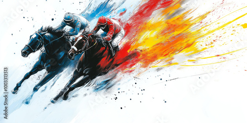 Dynamic horse racing scene featuring two jockeys in vibrant colors, showcasing speed and excitement. artwork captures thrill of competition and energy of race