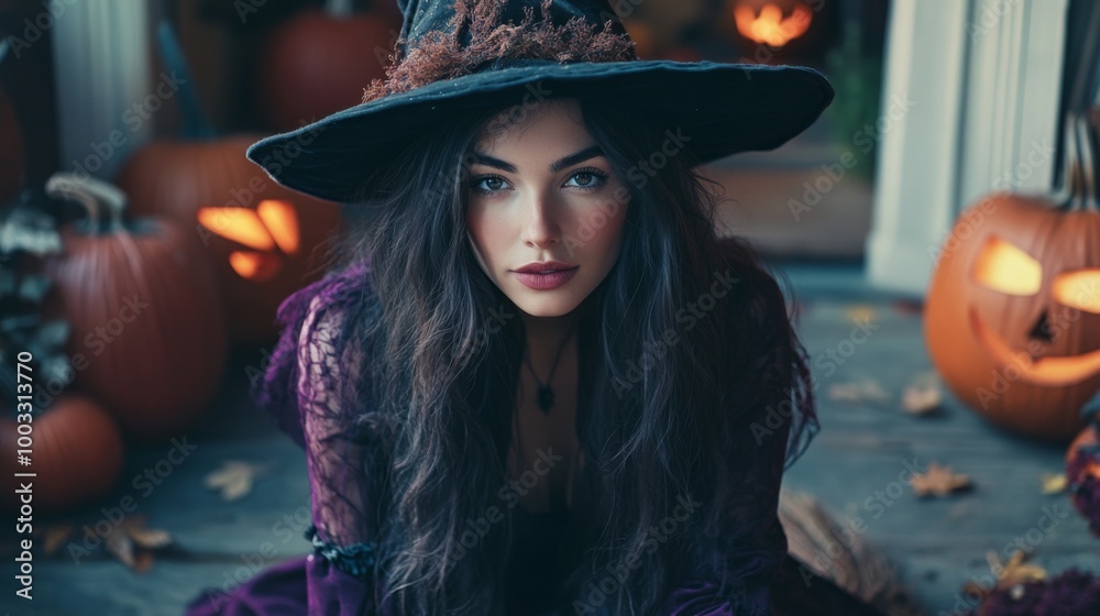 Enchanting Witch in Autumn Setting with Pumpkins and Magical Atmosphere Enchanting Witch in Autumn Setting with Pumpkins and Magical Atmosphere