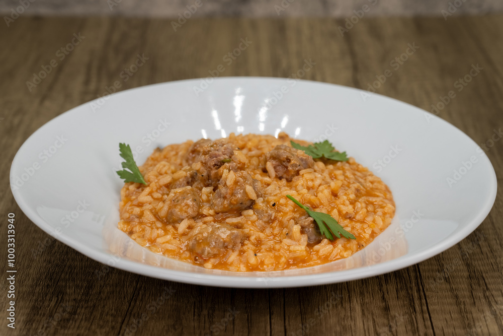 Italian risotto served with sausage and tomato sauce over a bed of rice Italian risotto served with sausage and tomato sauce over a bed of rice