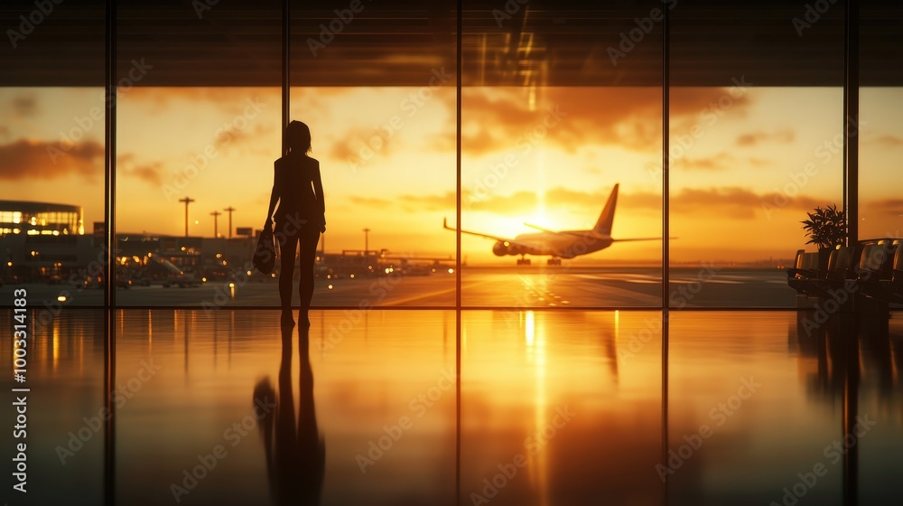 Tranquil Traveler: Woman Silhouetted in Airport Terminal Watching Aircraft Take Off in Cinematic Lighting | Ultra-Realistic Reflections and Textures in 8K UHD Tranquil Traveler: Woman Silhouetted in Airport Terminal Watching Aircraft Take Off in Cinematic Lighting | Ultra-Realistic Reflections and Textures in 8K UHD