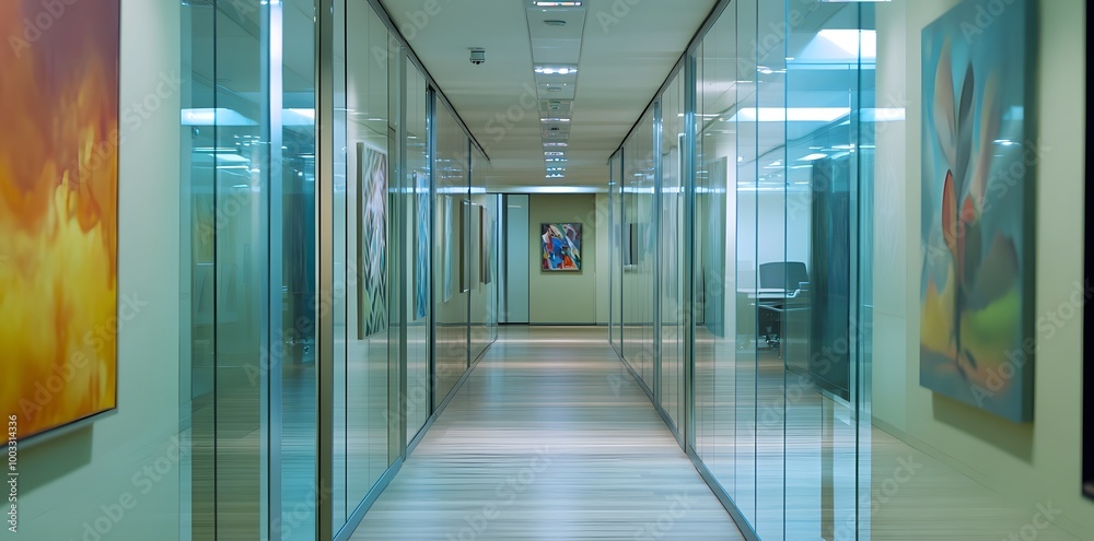 Modern Office Corridor with Glass Walls and Artwork Modern Office Corridor with Glass Walls and Artwork