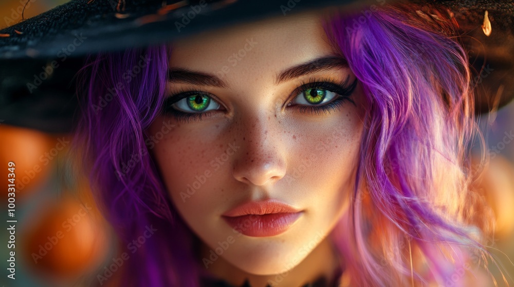 Enchanting Witch in Autumn Setting with Pumpkins and Magical Atmosphere Enchanting Witch in Autumn Setting with Pumpkins and Magical Atmosphere