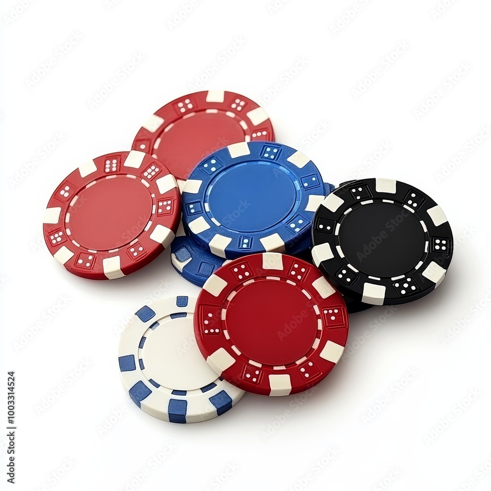 Red and blue casino chips isolated on white background. 3D illustration. Red and blue casino chips isolated on white background. 3D illustration.