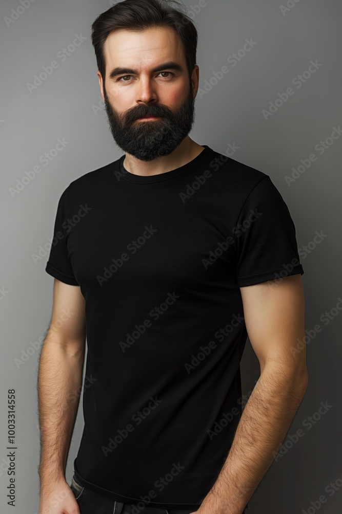 Bearded man wears basic black t-shirt on grey background. Simple, stylish, and trendy clothing. Casual attire for young adult. One person studio shot. Bearded man wears basic black t-shirt on grey background. Simple, stylish, and trendy clothing. Casual attire for young adult. One person studio shot.