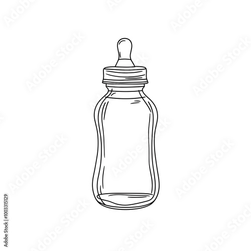 This design features a clear, minimalistic one-line art representation of a baby bottle suitable for use in various modern design applications