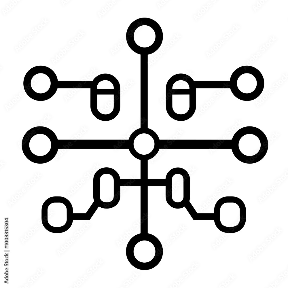 This line icon depicts a basic interface for data processing, showcasing a network of connections and nodes. It represents modern technological interactions This line icon depicts a basic interface for data processing, showcasing a network of connections and nodes. It represents modern technological interactions