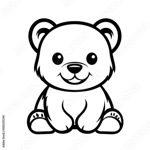 A charming bear cub is depicted with a simple black line design, perfect for use in children's books, educational content, and graphic designs