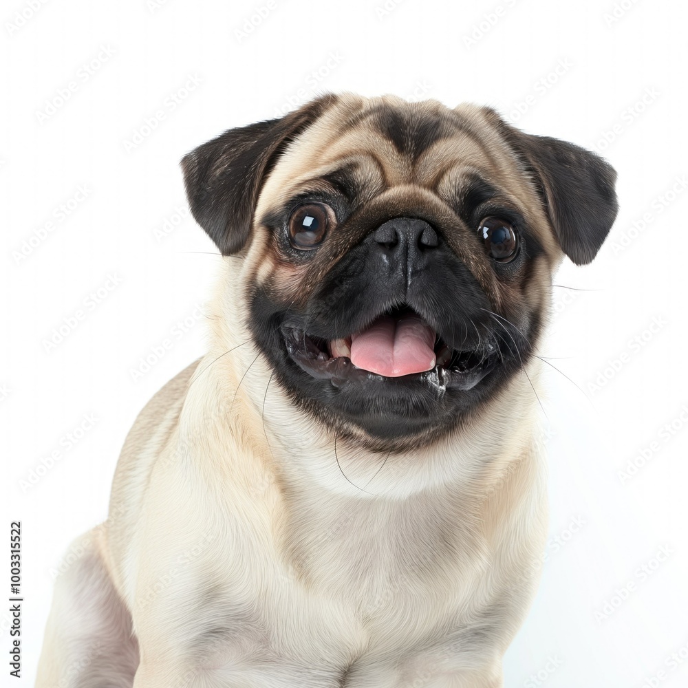 Cute pug dog isolated on white background. Playful dog breed with wrinkled face, brown fur, and adorable tongue. Close-up view of a happy, attentive pet with big eyes. Cute pug dog isolated on white background. Playful dog breed with wrinkled face, brown fur, and adorable tongue. Close-up view of a happy, attentive pet with big eyes.