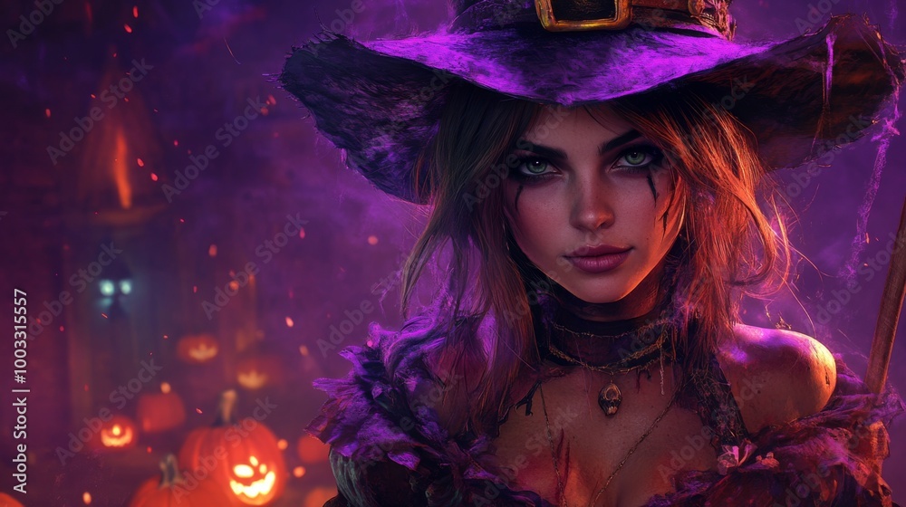 Enchanting Witch in Autumn Setting with Pumpkins and Magical Atmosphere Enchanting Witch in Autumn Setting with Pumpkins and Magical Atmosphere