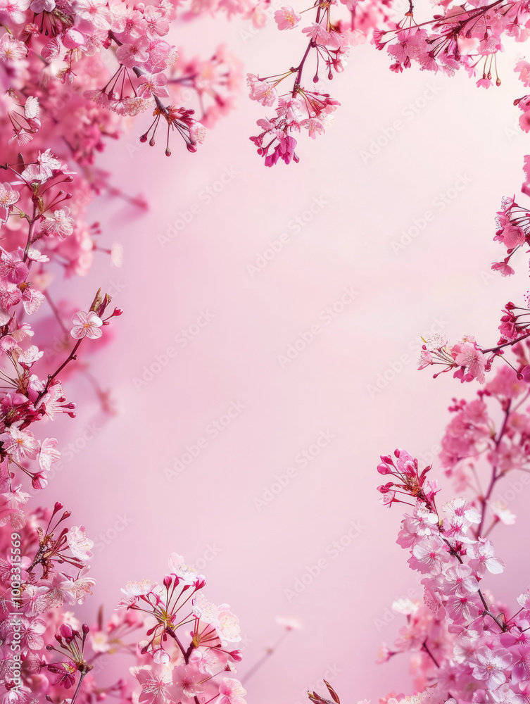 Soft pink background with central blank space, edged by gently curving branches cherry blossoms Soft pink background with central blank space, edged by gently curving branches cherry blossoms