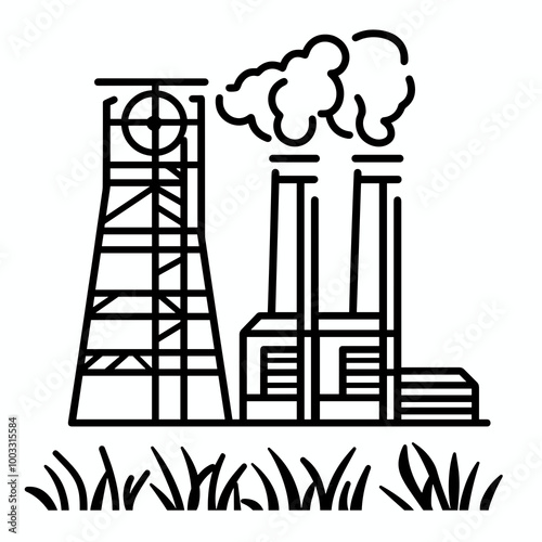 This vector icon shows a power plant featuring tall smokestacks emitting smoke, alongside a grid-like structure, symbolizing energy generation in a simple design