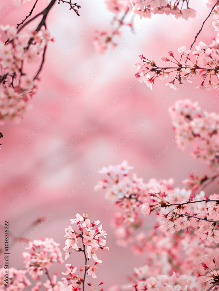 Soft pink background with central blank space, edged by gently curving branches cherry blossoms Soft pink background with central blank space, edged by gently curving branches cherry blossoms
