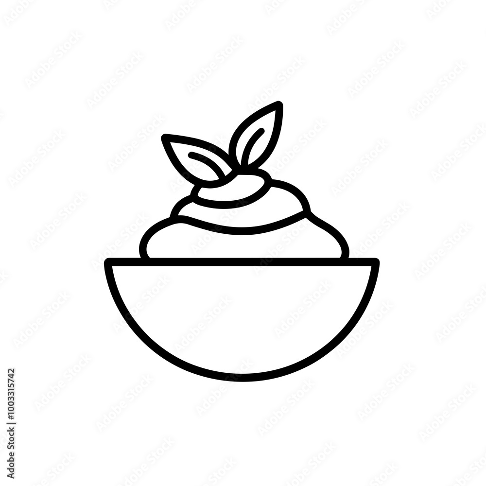 This vector icon features a bowl filled with a creamy substance, crowned with a sprig of green leaves, ideal for representing food or desserts This vector icon features a bowl filled with a creamy substance, crowned with a sprig of green leaves, ideal for representing food or desserts