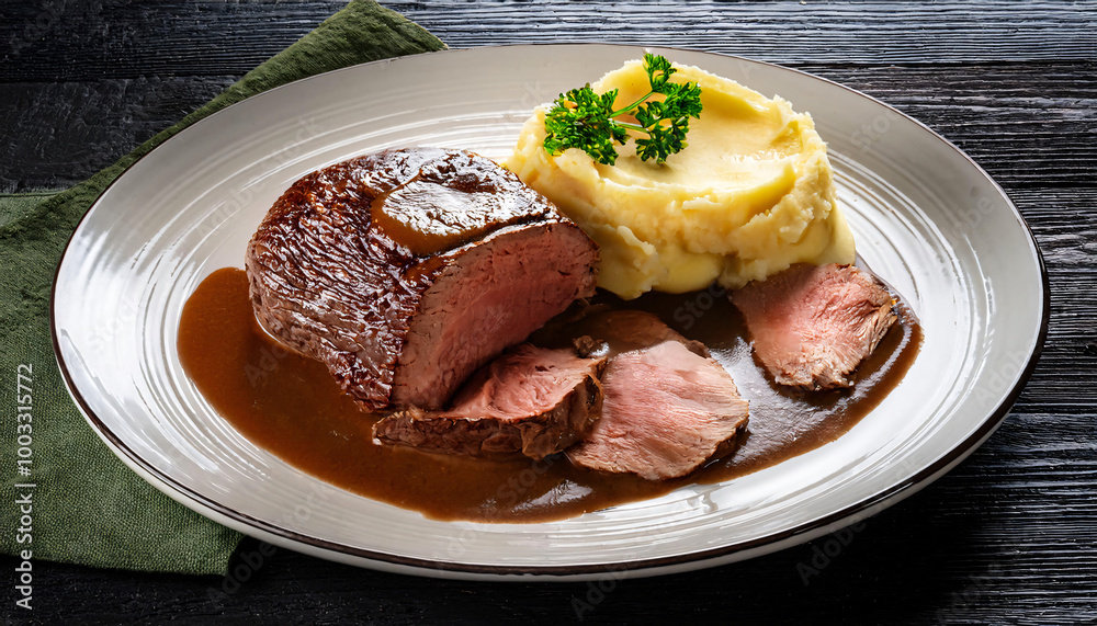 Top view of roast beef covered in demi glace gravy with mashed potatoes on white plate