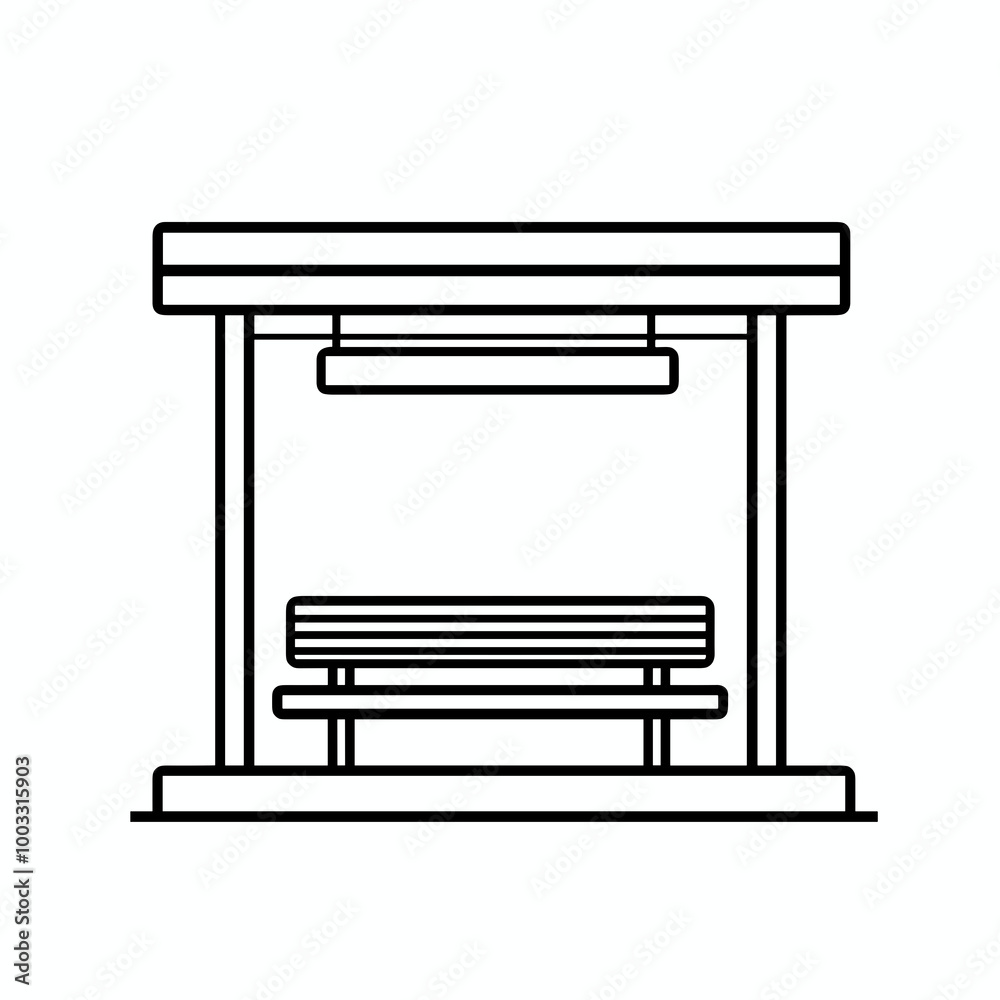 A minimalistic black outline drawing of a bus stop shelter featuring a roof supported by poles and a wooden bench for passengers to sit while waiting A minimalistic black outline drawing of a bus stop shelter featuring a roof supported by poles and a wooden bench for passengers to sit while waiting