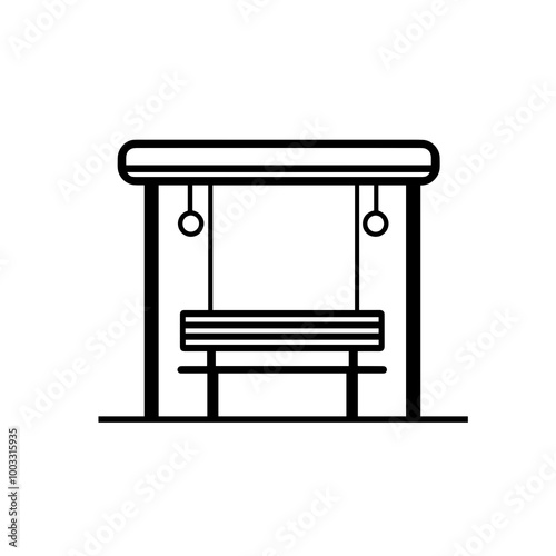 This illustration depicts a minimalistic black line drawing of a bus stop shelter featuring a bench, designed for urban public transport environments