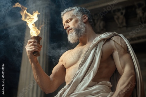 Titan of fire: An illustration of Prometheus, the Greek Titan defiance of the gods by bringing fire to humans, representing the profound impact on technology and the advancement of civilization.