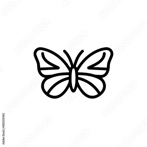 This vector illustration features a simple line icon of a butterfly, symbolizing nature's elegance and commonly associated with gardens and outdoor activities