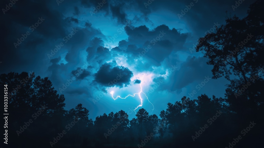 Powerful lightning strike with dark storm clouds above the forest. Scary lightning bolt in the night sky Powerful lightning strike with dark storm clouds above the forest. Scary lightning bolt in the night sky