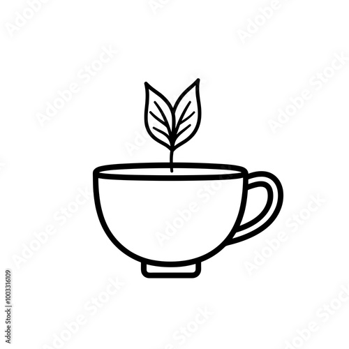 This design features a clean, minimalist line icon depicting a tea cup with a leaf emerging, symbolizing herbal tea and freshness