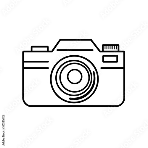 This black line icon represents a camera, showcasing essential photography equipment in a minimalist style suitable for various digital applications