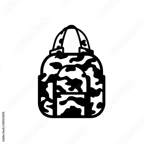 This representation showcases a minimalist black line icon of a backpack featuring a camouflage design, perfect for outdoor enthusiasts and urban explorers