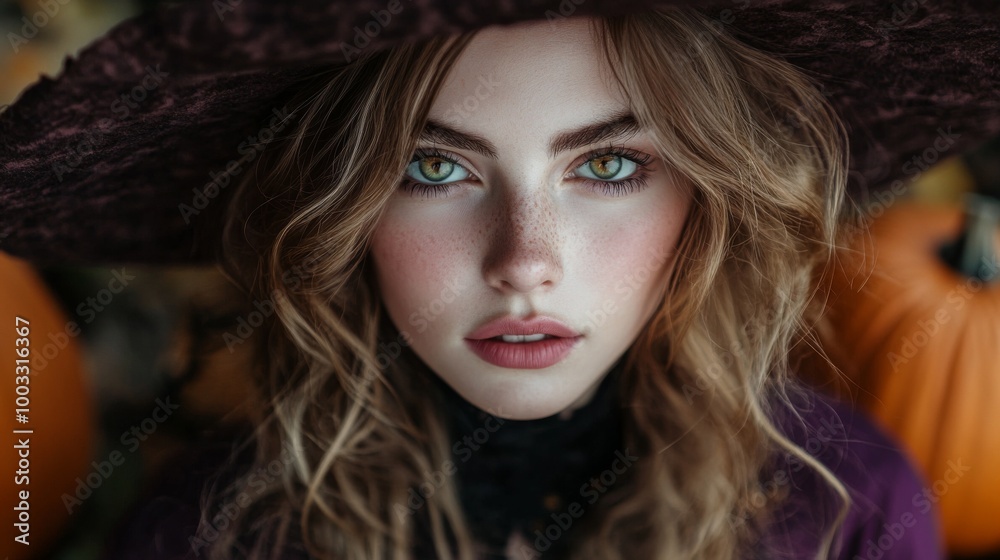 Enchanting Witch in Autumn Setting with Pumpkins and Magical Atmosphere Enchanting Witch in Autumn Setting with Pumpkins and Magical Atmosphere