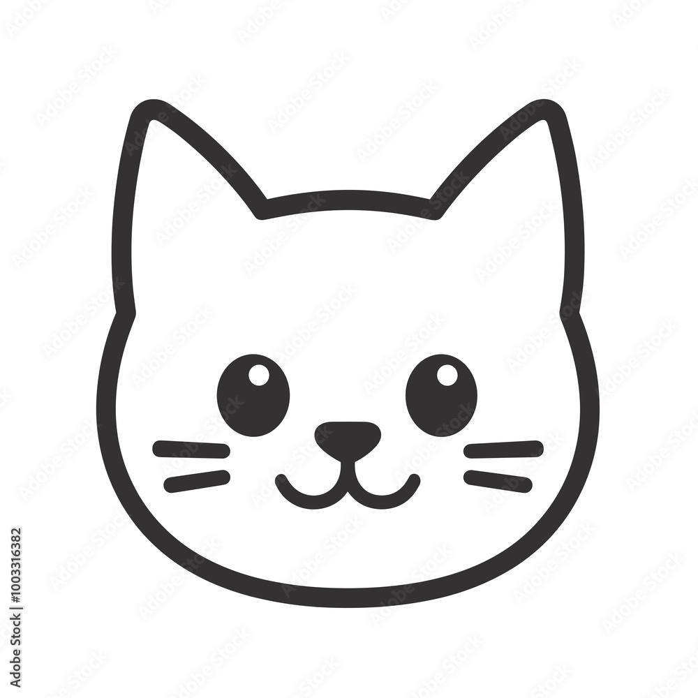 Obraz premium This vector icon features a minimalist cat face with round eyes, ears, and whiskers, designed in a simple black line style for versatile graphic applications