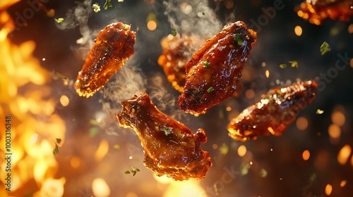 Close up of four crispy, glazed chicken wings suspended in mid air against a blurred background of fire and smoke.