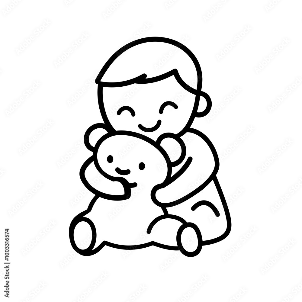 A joyful child embraces a stuffed animal, expressing feelings of affection and comfort in minimalist line art, perfect for conveying warmth and connection A joyful child embraces a stuffed animal, expressing feelings of affection and comfort in minimalist line art, perfect for conveying warmth and connection