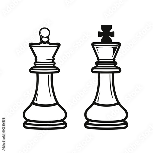 This illustration features two black line icons of chess pieces, showcasing a king and queen in a minimalist style, perfect for game enthusiasts and designers