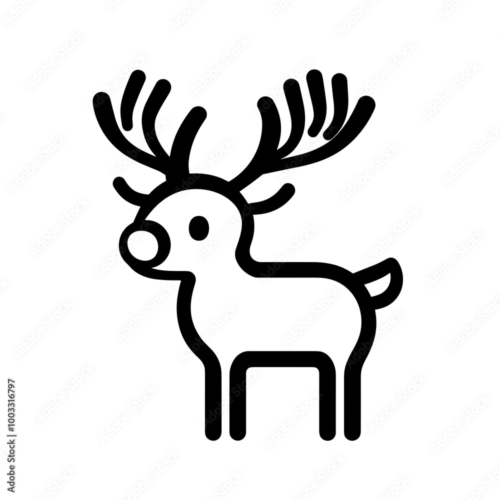 A minimalist vector icon depicting a reindeer with antlers and a round nose, ideal for holiday designs, winter themes, or festive decorations