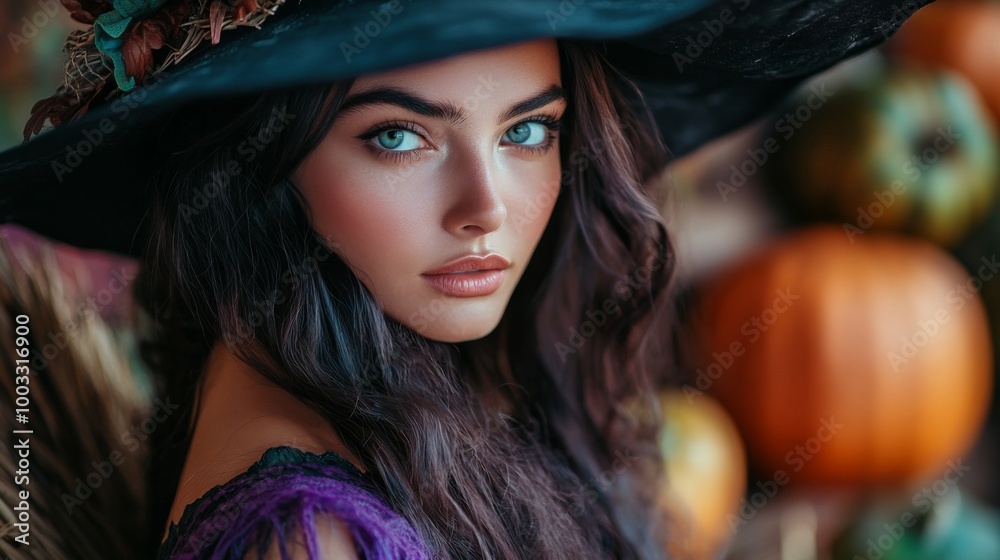 Enchanting Witch in Autumn Setting with Pumpkins and Magical Atmosphere Enchanting Witch in Autumn Setting with Pumpkins and Magical Atmosphere